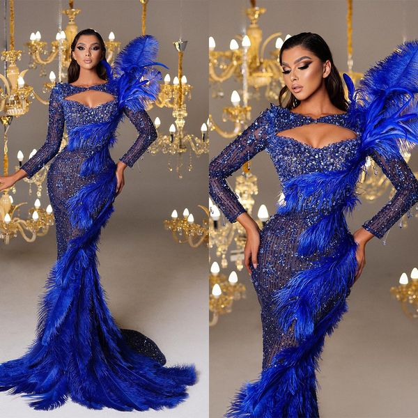 Chic bleu royal plumes robes de bal perles cristaux robes de soirée sirène Illusion glands robe de soirée sur mesure