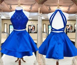 Chic Royal Blue High Collar Robes de bal courtes 2022 Crystal perlé deux couches Aline 2 pièces Robe Homecoming Graduation Bridesmai8564408