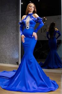 Chique Royal Blue Mermaid Avond Jurken Keyhole kristallen kralen lange satijnen prom jurk halter nek lange mouwen sexy speciale gelegenheid jurken voor vrouwen