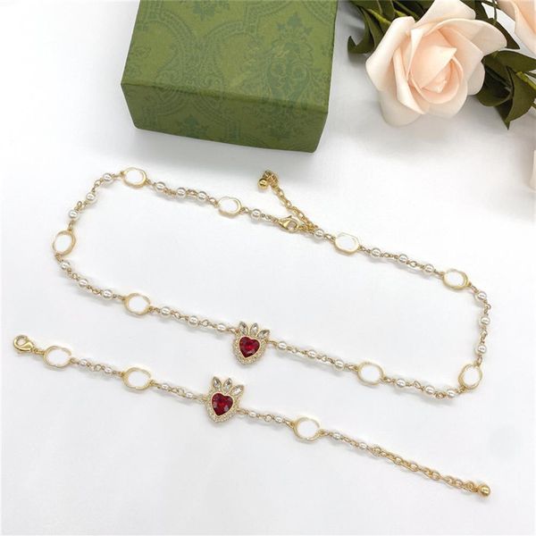 Chic Rubis Diamant Perle Collier Bracelet Designer Double Lettre Pendentif Colliers Amour Coeur Strass Bracelet Bijoux Sets253D