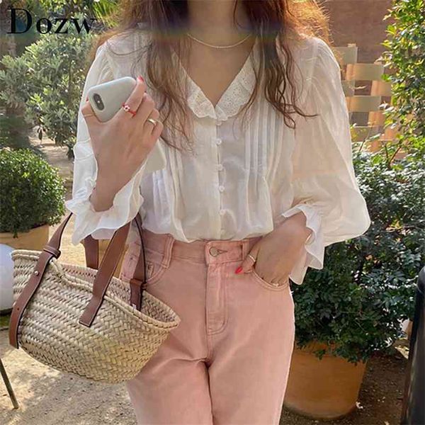 Chic Ruffles Blusa blanca Mujer Cuello en V Flare Camisa de manga larga Botón Plisado Holiday Beach Tops Lady Blusa Feminina 210515