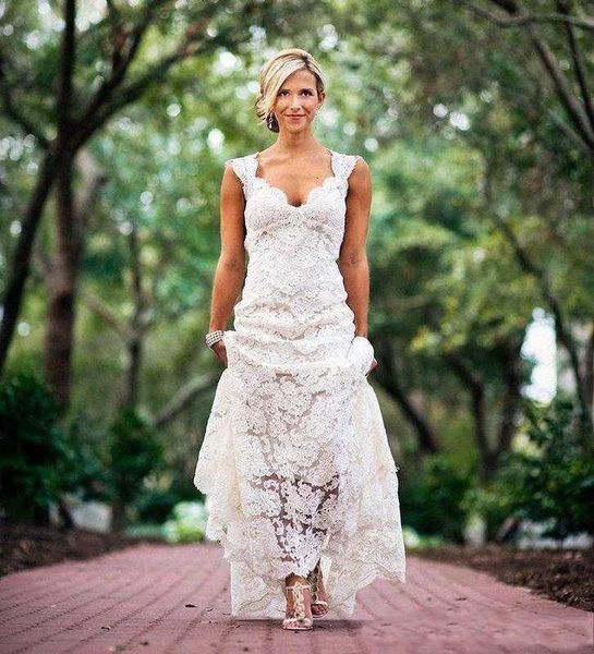 Chic rustique pleine dentelle robes de mariée pas cher col en V dos ouvert balayage train Boho jardin robe de mariée sur mesure style campagnard New283h