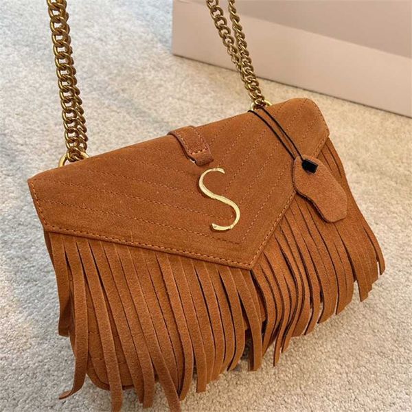 Chic S-Lettre Sac à bandoulière Designer Sac à main en cuir avec chaîne en or Sac à main en daim à franges pour femme Sac messager marron d'hiver Mode Glands Sacs à bandoulière Portefeuille