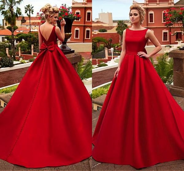 Chic Satin Bateau Décolleté A-ligne Robe De Mariée Rouge Avec Ceinture Bowknot Tribunal Train Robes De Mariée Vestidos de novia