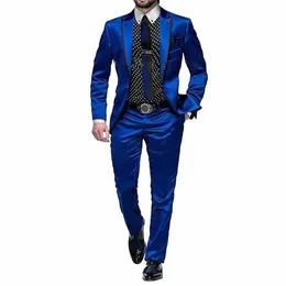 Chic Satin Hommes Costumes Haute Qualité Prom Party 2 Pièce Formel Mariage Marié Tuxedo Fi Peak Revers Costume Blazer avec Pantalon w6sN #