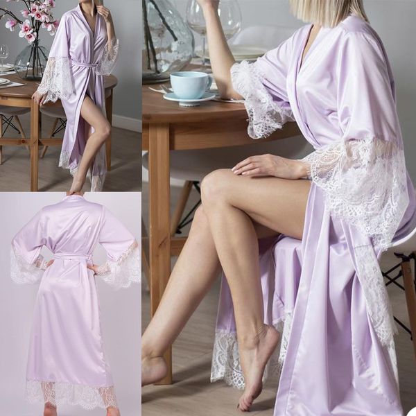 Chic Satin soie femmes vêtements de nuit Sexy dentelle col en V à manches longues chemise de nuit pour les femmes enceintes robe de soirée robes