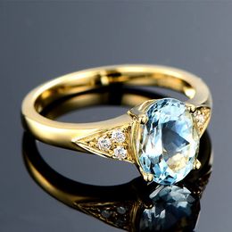 Chic mer bleu cristal topaze aigue-marine pierres précieuses diamants anneaux pour femmes or 18 carats rempli bijoux bandes de doigt accessoire à la mode 240113
