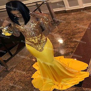 Chic See Through Gold Sequin African Prom Dresses Mermaid Formal Wear 2021 Elegante Lange Mouw Plus Size Avondjurken Giltter Satijn Zwarte Meisjes Speciale Gelegenheid