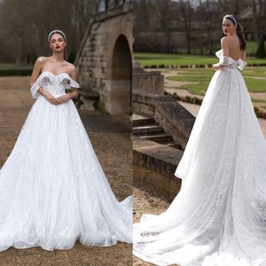 Chique lovertjes een lijn trouwjurken sexy off schouder backless appliques bruidsjurken sweep trein gewaden de Mariée