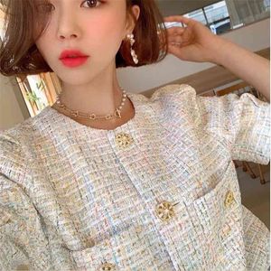 Chique korte jas vrouwen ronde hals korte mouwen gouden knop gemengde blouse zomer Koreaanse mode kleding 210520