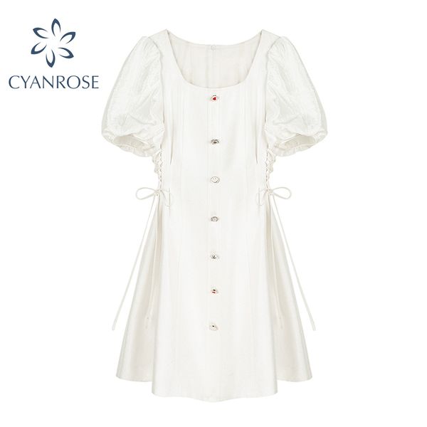 Chic Simple Poitrine Robe Blanche Femmes Bouffée À Manches Courtes D'été À Lacets Robes Col Carré Fermeture Éclair Élégant Preppy Style Robes 210417