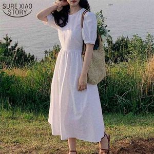 Chic Solid Coton Blanc O-Cou Robe Coréenne Summer Femmes pour Sweet French Party Robes 14148 210508
