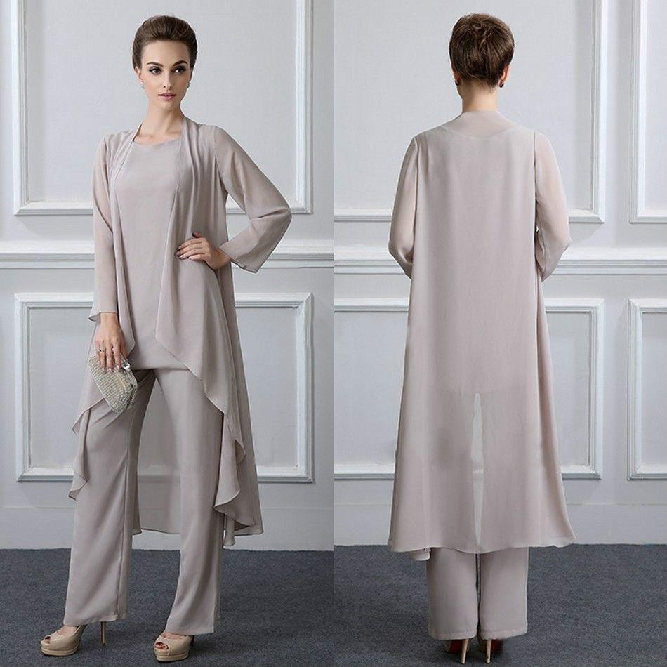 Chic Spring Chiffon mother of the bride pant suits 3 Piece Casual Groom Mother Gowns With Coat Jacket And Trousers For Wedding Guest