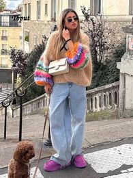 Chic rayé coloré épissage tricot Cardigan décontracté à manches longues lanterne pull ample mode femme bureau rue manteau chaud 240111