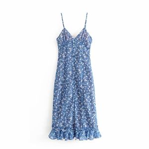 Chic élégant blanc imprimé fleuri volants bleu sangle longue robe mode filles mince côté fermeture éclair bouton Sexy col en v robes 210531