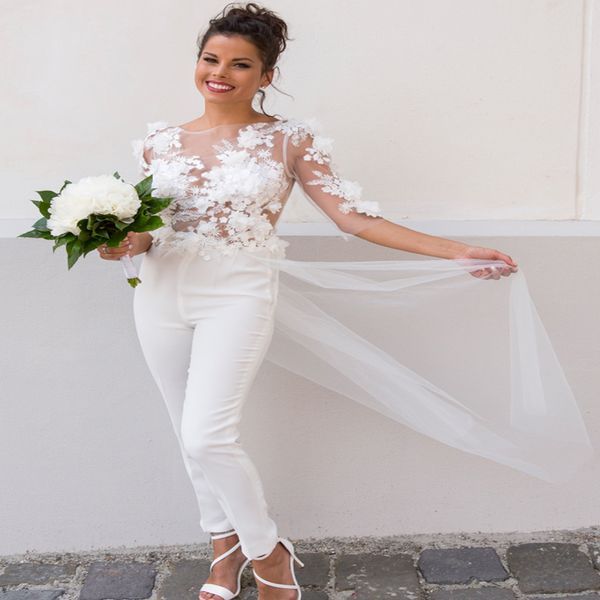 Chic été plage robe de mariée avec pantalon Sexy Illusion Top dentelle fleurs à manches longues Boho bohème pays robes de mariée combinaison formelle femmes robes de soirée 2021