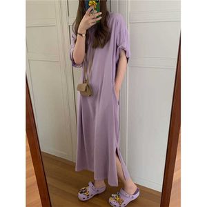 Chic Summer Paresseux Sauvage Lâche Coton Violet O Cou À Manches Courtes T-shirts Robe Femmes Split Poche Maxi Vêtements De Base Robe 210610