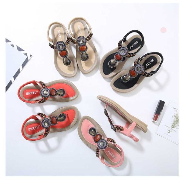 Sandalias elegantes de verano para mujer, sandalias de estilo étnico, zapatos planos con cuentas bohemias para playa turística para mujer 240228