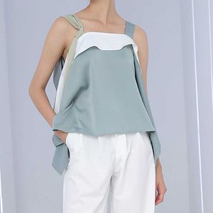 Chique zoete hit kleur ontwerp schouder strapless silm camisole onregelmatige losse zachte satijnen blouses mode match vrouwen tops 210525
