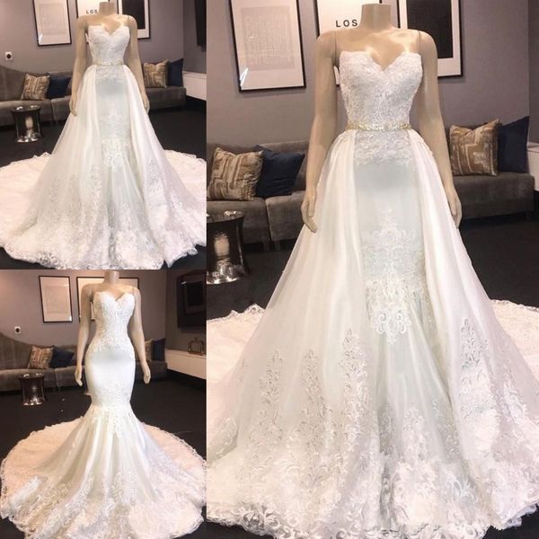 Vestidos de novia elegantes de sirena con forma de corazón, vestidos de novia con tren desmontable de encaje hechos a medida, vestidos de novia con cuentas y apliques