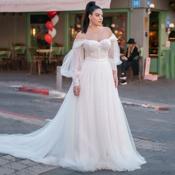 Chic Sweetheart fuera del hombro vestidos de novia manga hinchada sin espalda una línea vestido de novia de talla grande vestido de boda fruncido bohemio