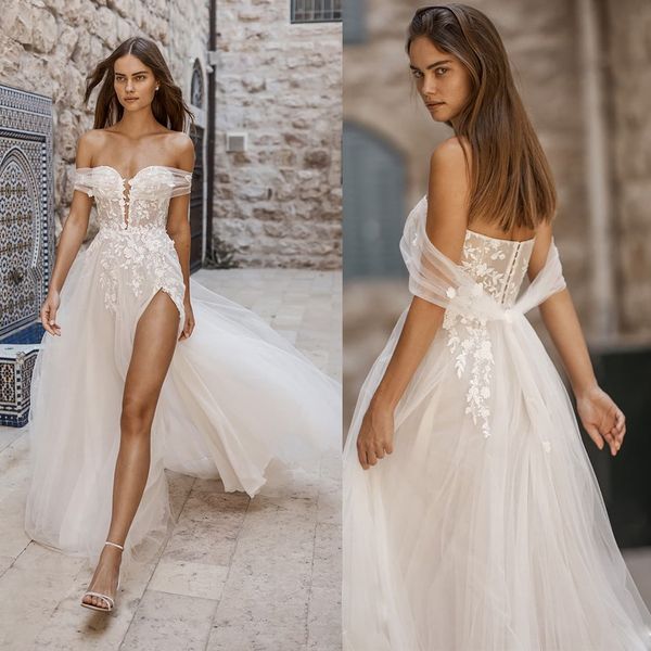 Vestidos de novia bohemios elegantes con aberturas altas hasta el muslo para mujer, Vestido de Novia de playa con cuello de barco, Vestido de novia de encaje de línea A, Vestido de tul de Novia, bata De Mariee