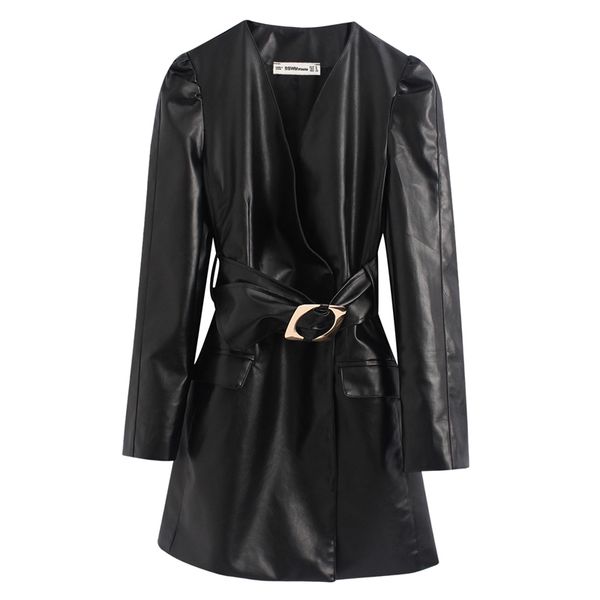 Chic cravate ceinture en cuir noir robe mode femmes col en v robes élégantes dames poches à manches longues Mini robes 210520