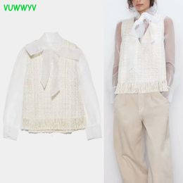Chic Transparent Tweed Patchwork Top Dames Spring Front Tie Vrouw Blouse Mode Lange Semi Sheer Mouw Organtops 210430