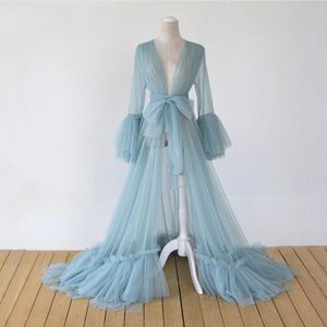 Robe de bal Chic en Tulle bleu, Robe de maternité poussiéreuse pour séance photo, manches bouffantes transparentes, col en V, longue Robe pour femmes