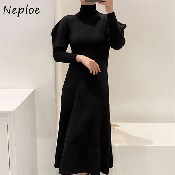 Chic col roulé manches bouffantes tricotées femmes robes simples vintage slim fit robe noire couleur unie mi-longue robes 210422