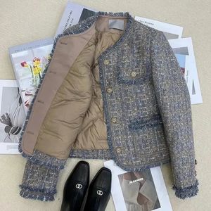 Chic Tweed Jas Vrouwen Uitloper Herfst Winter Dikker Warme Parker Jassen Kwastje Down Liner Fluwelen Korte Wollen Jas 240307