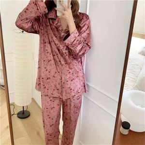 Chic Deux Pièces Costume Floral Impression De Nuit Golden Velvet Casual Homewear Lâche Mode Maison Pyjamas Ensembles 210525