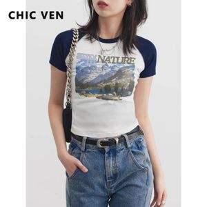 Chic Ven Women Tees Retro Raglan Sleeve Femme Tshirt imprimé Girl Round Neck Short Top Summer 240416