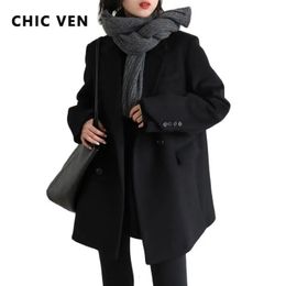 CHIC VEN femmes laine mélange manteau solide mi Long laine Blazer épais chaud Blouse femmes pardessus bureau montre de sport automne hiver 240127