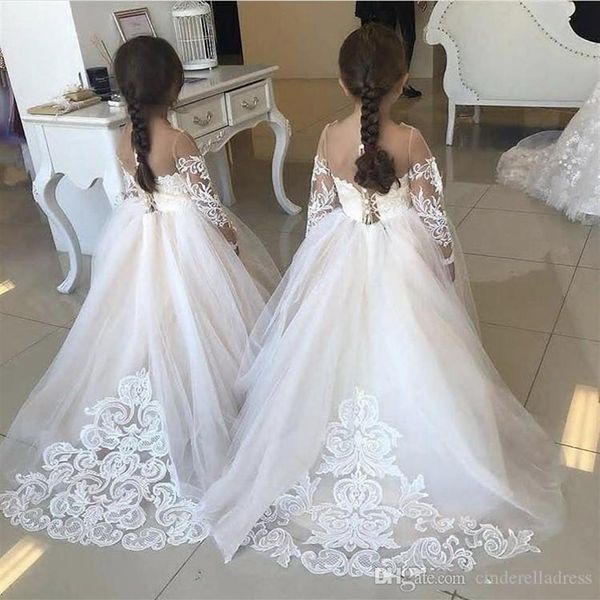 Chic robe de bal blanche robes de fille de fleur col transparent dentelle robes de mariée enfant pakistanais dentelle mignonne à manches longues filles pageant300V