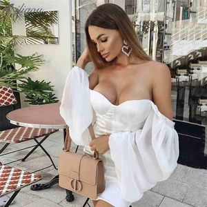 Chic White Mini Jurk Puff Sleeves Sexy Backless Celebrity Party Club Satin 210525