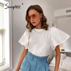 Chic White Puff Sleeve T-shirt Casual Solid O-hals Zomer Mode Vrouwen Leisure Dames Korte Top 210414