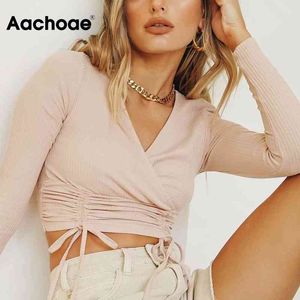 Chic Femmes Tricoté Bodycon Crop T-shirt Femme Sexy Col V Bow Tie Cordon T-shirt À Manches Longues Mode Rose Tunique Tops 210413