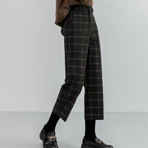 Chique wollen plaid herfst winter vrouwen hoge taille formele rechte broek losse enkellange vrouwelijke laarzen plus size 220325