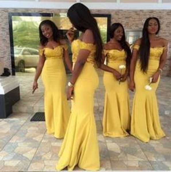 Chic jaune épaule robe de demoiselle d'honneur 2020 paillettes satin grande taille africaine filles noires robes de soirée pour le mariage en tant qu'invités demoiselle d'honneur