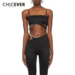 CHICEVER noir Sexy gilet pour femmes col carré sans manches maigre Patchwork diamant débardeurs femme mode vêtements 220318