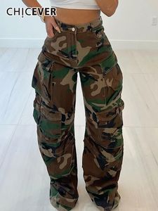CHICEVER Camouflage Cargo pantalon pour femmes taille haute Patchwork poches plis lâches Colorblock Vintage printemps pantalon femme 240219