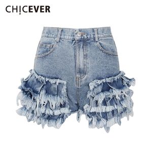 Chicef Casual Blue Shorts voor Dames Hoge Taille Patchwork Ruffles Zakken Asmmermetrische Slanke Korte Pant Vrouwelijke Zomer 220419