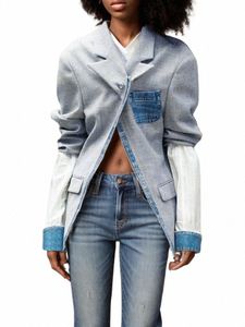 Chicever Casual Temperament Colorblock Blazers Voor Vrouwen Notched Kraag Lg Mouw Single Butt Patchwork Denim Blazer Vrouwelijke W6Lb #