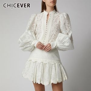 Chicever Hollow Out Two -Pally Set For Women V Neck Lantern Sleeve Shirts High Taille Rokken vrouwelijk pak herfstmode nieuwe 2020 T200702