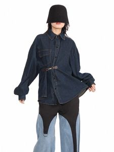 Chicever Solid Loose Denim Coats For Women Rapel LG Sleeve Single Breasted Patchwork Belt Streetwear Vintage Jackets Vrouw Q9XO#