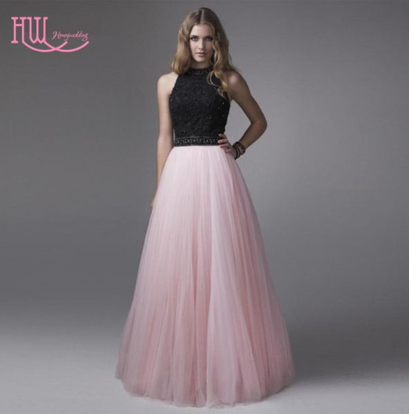 Ejecución de vestidos de fiesta de color rosa claro con cuello de joya negra barata de tul falda de tul larga damas vestidos de noche formales personalizados sexy 20178494395
