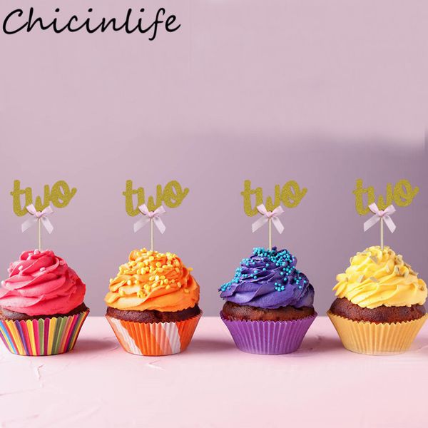 ChicinLife 10pcs 2 ans Gâteau d'anniversaire Cupcake Toppers Baby Shower Boy Girl 2nd Birthday Anniversary Party Decor Supplies