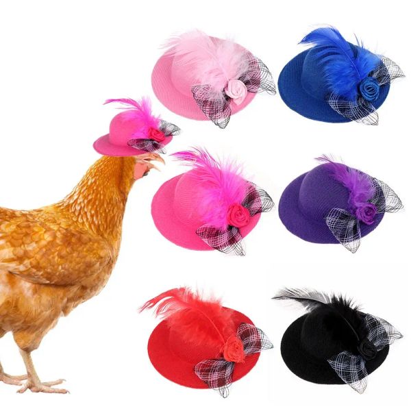 Chapeaux de poulet pour poules minuscules animaux de compagnie Plume Top Hat avec sangle élastique réglable Rooster Duck Parrot Poultry Élégant Costum
