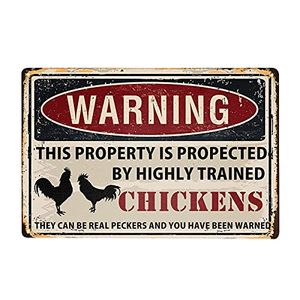 Kipteken grappige waarschuwing onroerend goed beschermd door kippen tinnen teken 11,8x7,9 inch kippen kippen decor bord voor huis 8x12in